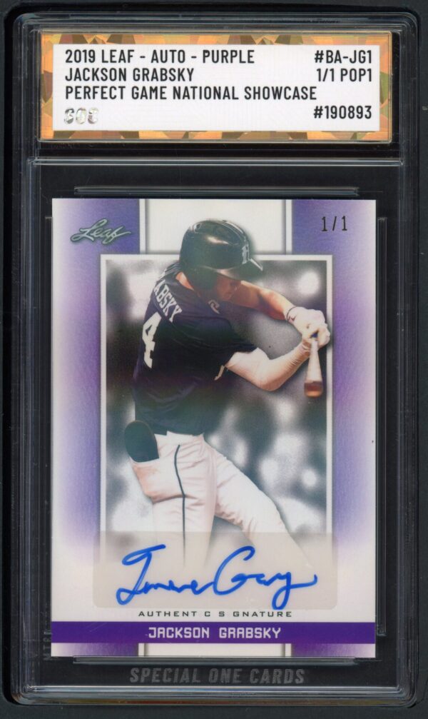 2019 LEAF #BA-JG1 JACKSON GRABSKY PERFECT GAME NATIONAL SHOWCASE SOC POP1