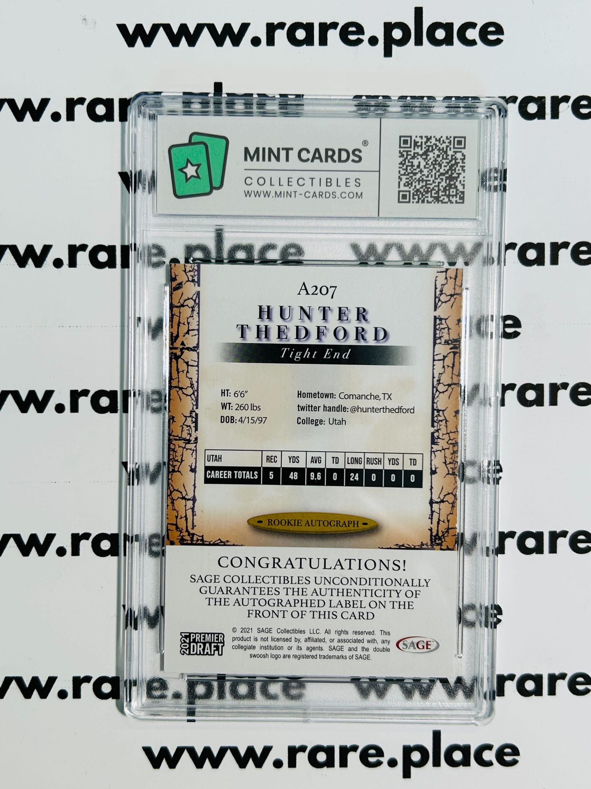 2021 Sage - Auto Hunter Thedford Premier Draft #A207 GEM MT 10 - Image 2