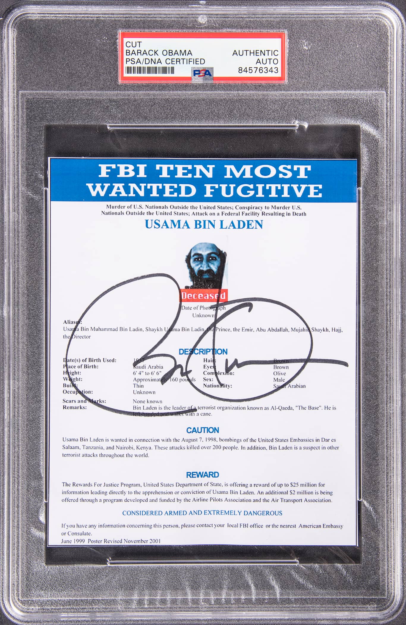 Barack Obama Signed Osama Bin Laden FBI Ten Most Wanted 5 x 6 Poster (PSA/DNA)
